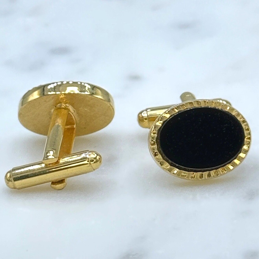 Vintage Oval Black Center & Gold Tone Bullet Back Elegant Formal Cufflinks - Picture 8 of 10